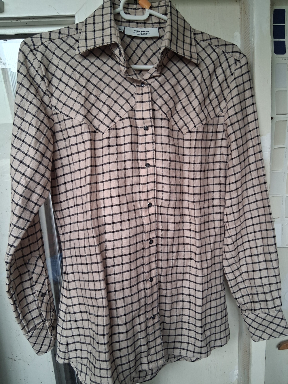 Women’s Beige Plaid Button-Down Shirt with Western Yoke
